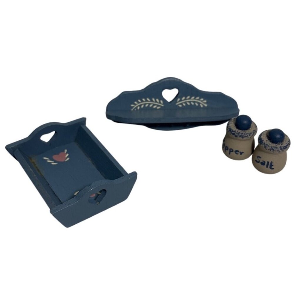 Wooden Dollhouse Kitchen Set Blue With Tray Shelf Salt & Pepper Shakers